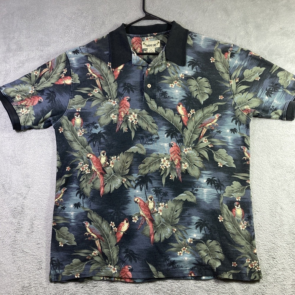 Hawaiian Polo Shirt Men XL All Over Print Silk Blend SS Tropical Casual Comfort